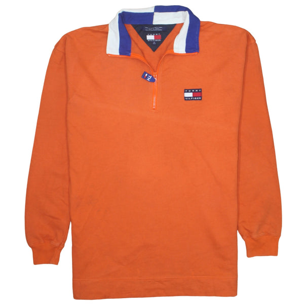 Tommy Hilfiger Orange Quarter Zip Sweatshirt Men's Medium Embroidered Flag Logo Rugby Top
