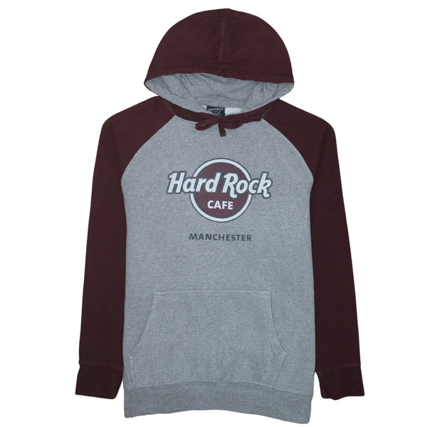 Hard Rock Cafe Grey Burgundy Hoodie Men's Medium Printed Manchester Logo Pullover Sweatshirt