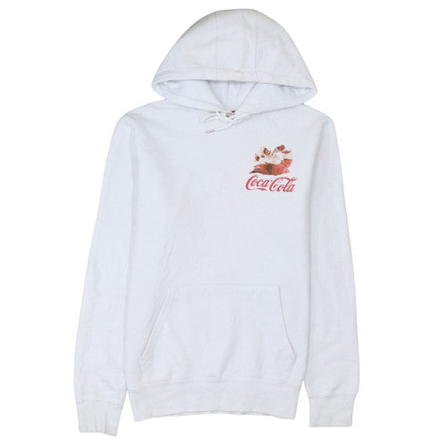 Coca Cola White Hoodie Women’s Large Printed Santa Logo Front Pouch Fleece Sweatshirt