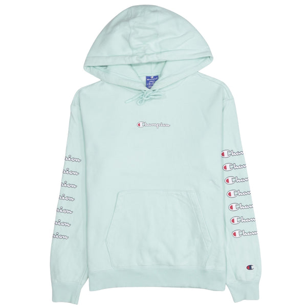 Champion Mint Green Hoodie Men's Small Embroidered Script Logo Sleeve Print Pullover Sweatshirt