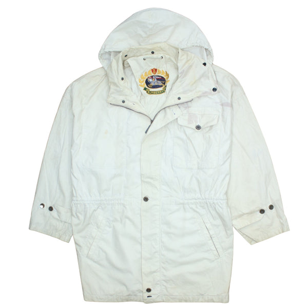 Burberry Beige Cream Hooded Jacket Men's XXLarge Zip Pockets Logo Patch Windbreaker Coat