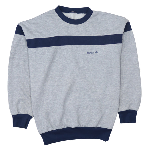 Adidas Grey Sweatshirt Men’s Medium Navy Panel Embroidered Trefoil Logo Crewneck Pullover