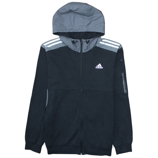 Adidas Black Full Zip Hoodie Men’s Medium Grey Hood Three Stripes Embroidered Logo