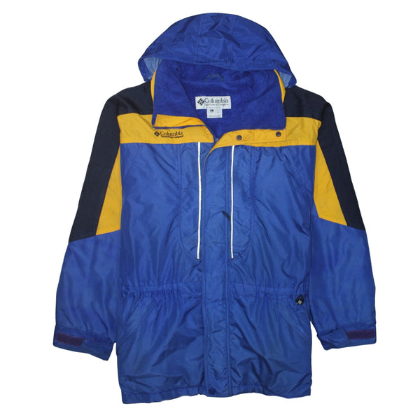 Columbia Blue Yellow Hooded Windbreaker Jacket Men's Large Embroidered Logo Zip Pockets Outerwear