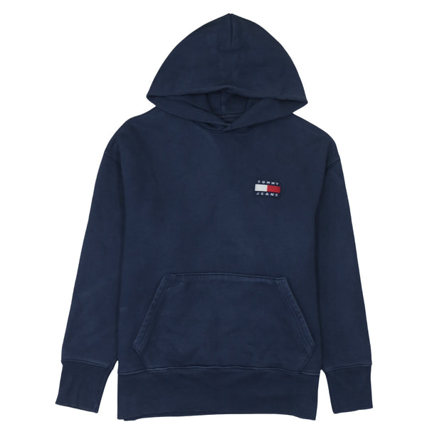 Tommy Jeans Navy Blue Hoodie Women’s Large Embroidered Chest Flag Logo Front Pocket Sweatshirt
