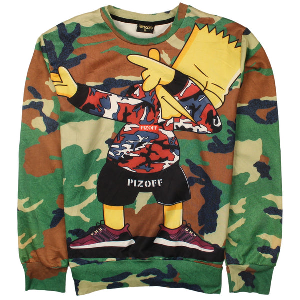 Pizoff 90's Bart Simpson Camo Crew Neck Sweatshirt Medium Khaki Green