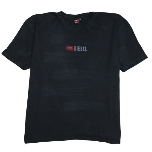 Diesel Black T-Shirt Women’s 6XL Printed Chest Logo Brushed Stripe Effect Casual Top