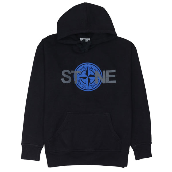 Stone Island Black Hoodie Men's Medium Printed Compass Logo Front Pocket Pullover Sweatshirt