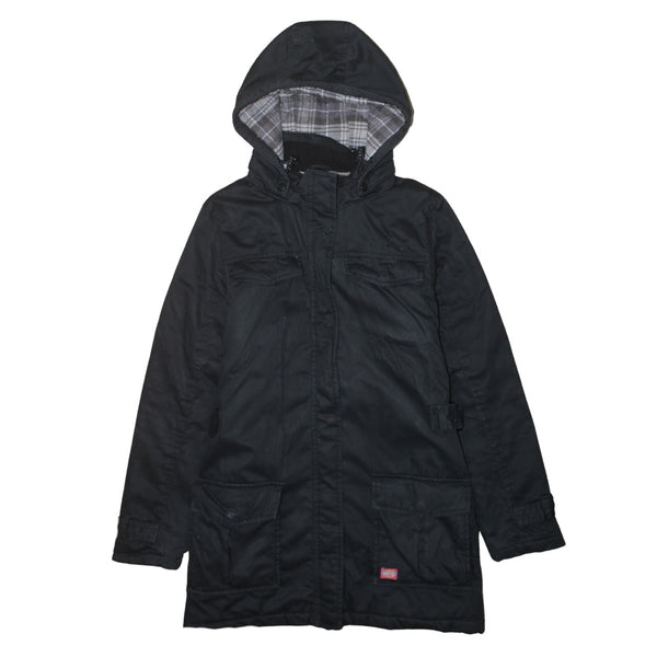 Dickies Black Parka Jacket Women’s Medium Hooded Fishtail Pockets Plaid Lining Coat