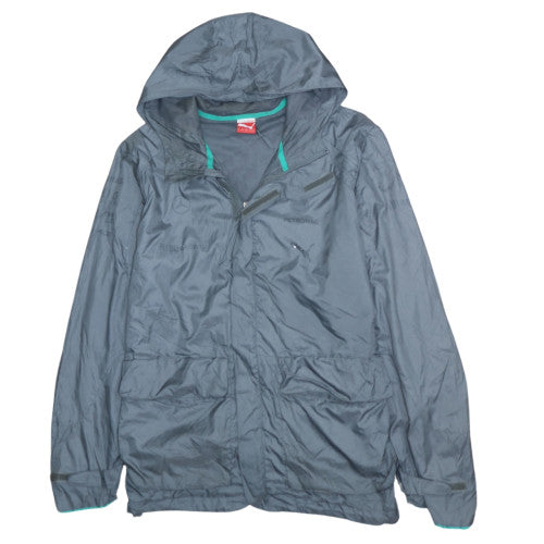 Puma Grey Hooded Windbreaker Jacket Men's Medium Petronas Printed Logo Zip Pockets Outerwear