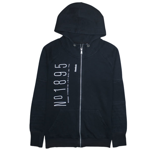 Reebok 90's Drawstring Pockets Full Zip Up Hoodie Medium Black