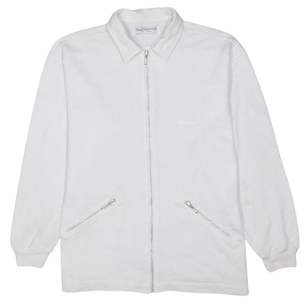 Burberry White Zip Sweatshirt Jacket Men's Medium Embroidered Logo Zip Pockets Pullover Top