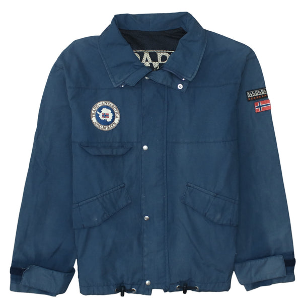 Napapijri Navy Blue Jacket Men’s Large Embroidered Badges Zip Front Pockets Windbreaker Outerwear
