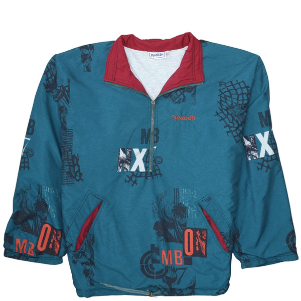 Reebok Teal Half Zip Windbreaker Men's XLarge All Over Print Embroidered Logo Jacket