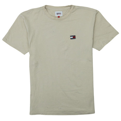 Tommy Jeans Beige Cream T Shirt Men's Small Embroidered Flag Logo Short Sleeve Top