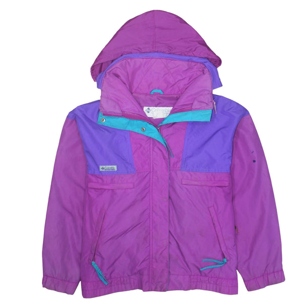 Columbia Purple Colourblock Hooded Jacket Men's Large Zip Pockets Logo Windbreaker