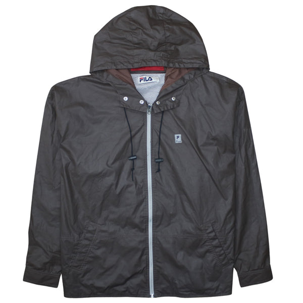 Fila Brown Hooded Windbreaker Men's Large Full Zip Mesh Lining Embroidered Logo Jacket