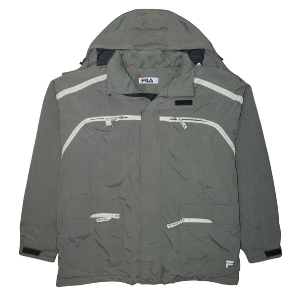 Fila Khaki Green Hooded Jacket Men's XXLarge Zip Pockets Reflective Trim Windbreaker