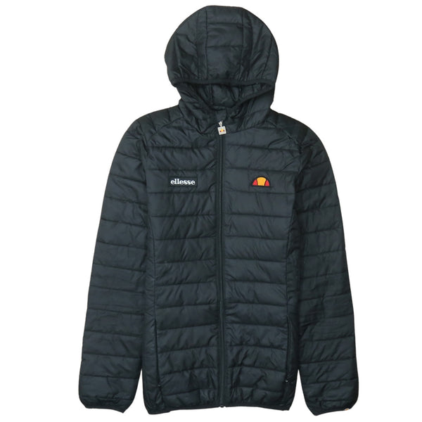 Ellesse Black Puffer Jacket Women’s Medium Hooded Full Zip Embroidered Logos Lightweight Coat