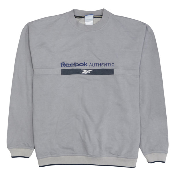 Reebok Grey Sweatshirt Men's Large Embroidered Authentic Logo Ribbed Crewneck Pullover Top