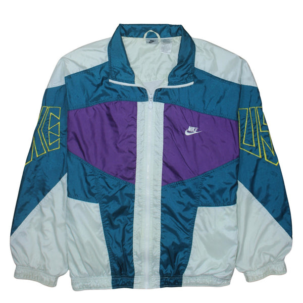 Nike Teal Purple Windbreaker Jacket Men's Large Colour Block Printed Sleeve Logo Track Top