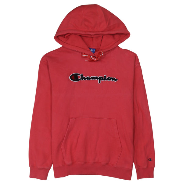 Champion Red Hoodie Women’s Medium Embroidered Chest Logo Front Pocket Fleece Pullover Sweatshirt