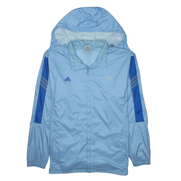 Adidas Light Blue Hooded Windbreaker Men's XLarge Embroidered Logo Stripe Sleeves Jacket