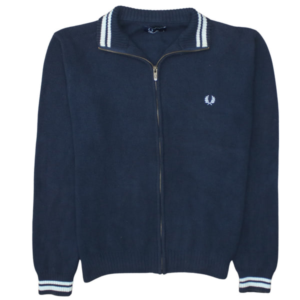 Fred Perry Navy Blue Full Zip Jumper Men's Small Embroidered Laurel Wreath Knit Cardigan