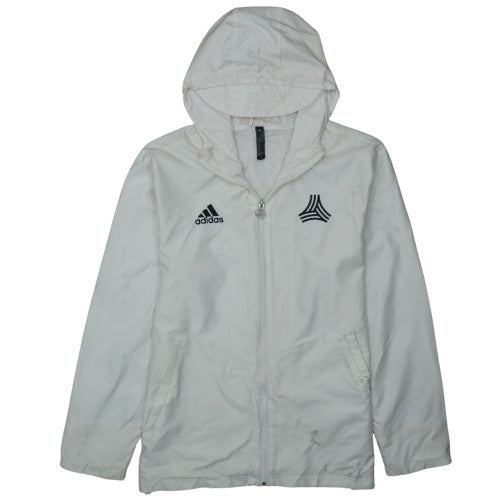 Adidas White Hooded Windbreaker Men's Medium Printed Logos Zip Pockets Lightweight Jacket