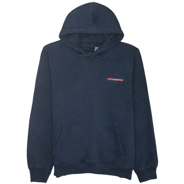 Prada Navy Blue Hoodie Women’s Large Embroidered Chest Logo Drawstring Hood Pouch Pocket Sweatshirt