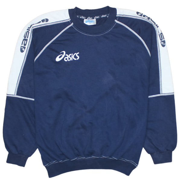 Asics Navy Blue Sweatshirt Women's XXL Printed Logo Contrast Sleeve Tape Pullover Top