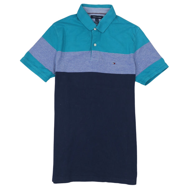 Tommy Hilfiger Teal Navy Polo Shirt Women’s Large Colour Block Small Flag Logo Top