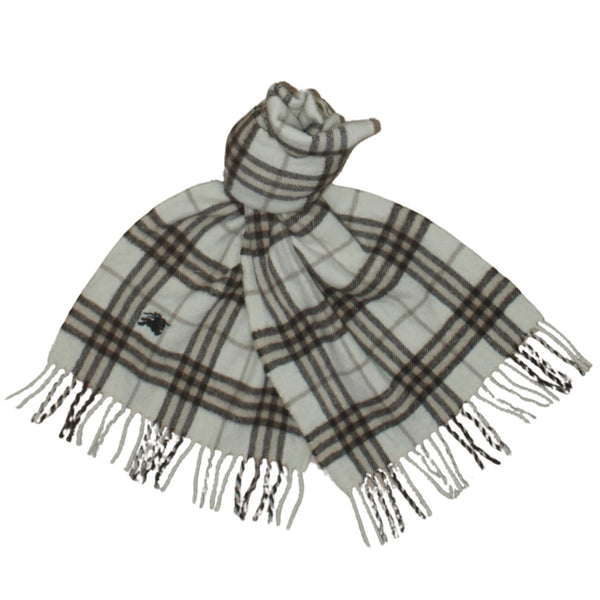 Burberry Beige Cream Check Scarf Men's One Size Embroidered Equestrian Logo Tassel Fringe