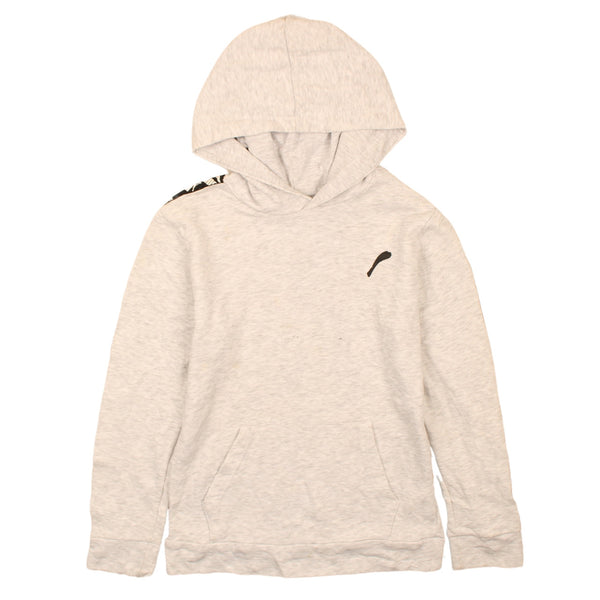 Puma Light Grey Hoodie Women's Large Printed Logo Tape Sleeves Front Pocket Pullover Sweatshirt