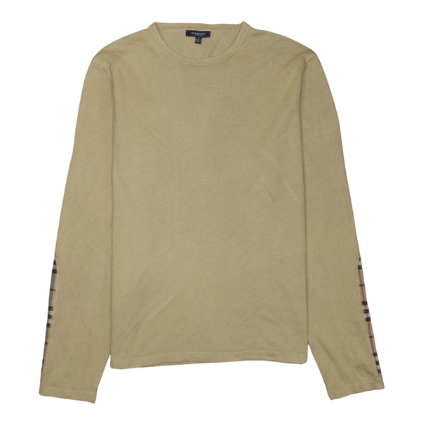 Burberry Beige Long Sleeve Top Women’s Large Nova Check Elbow Patches Cotton T Shirt