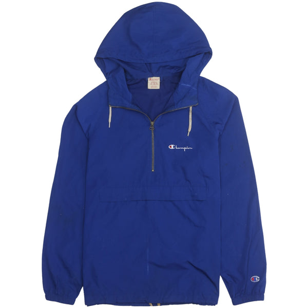 Champion Royal Blue Hooded Windbreaker Men’s Small Embroidered Logos Quarter Zip Pullover Jacket