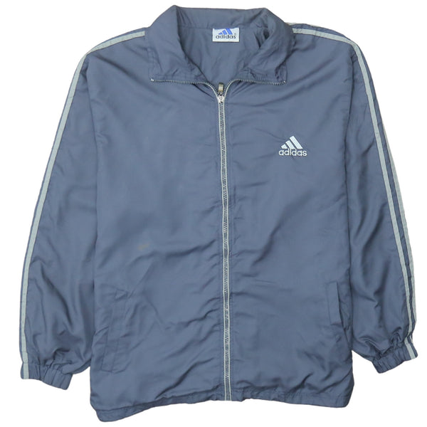 Adidas Blue Windbreaker Jacket Men's Large Embroidered Logo Zip Pockets Stripe Sleeves Track Top