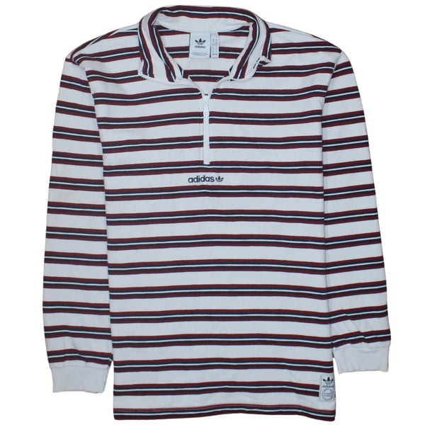 Adidas White Striped Quarter Zip Sweatshirt Women's XLarge Embroidered Logo Long Sleeve Top