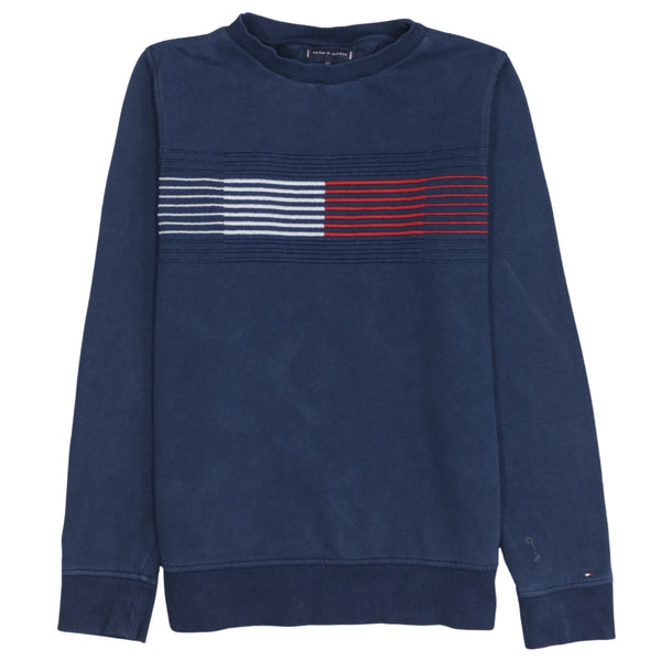 Tommy Hilfiger Navy Blue Sweatshirt Men's Small Embroidered Flag Stripe Crewneck Pullover