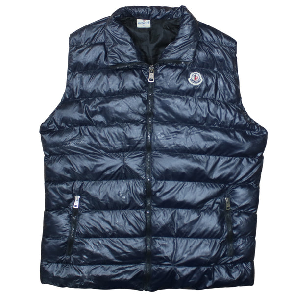 Moncler Navy Puffer Gilet Women's XLarge Embroidered Chest Logo Zip Pockets Vest