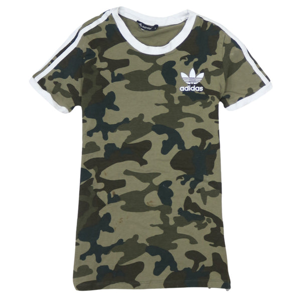 Adidas Khaki Camo T Shirt Women's Small Trefoil Printed Logo Three Stripe Sleeves Tee