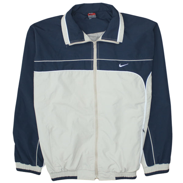 Nike Navy Beige Windbreaker Jacket Men's Large Embroidered Swoosh Zip Pockets Track Top