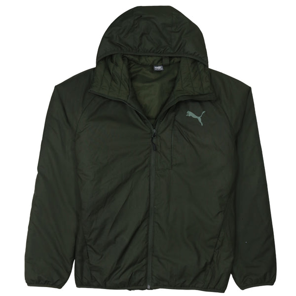 Puma Dark Green Hooded Jacket Men's Medium Zip Front Printed Logo Windbreaker Outerwear