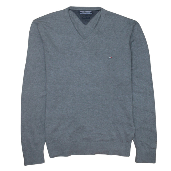 Tommy Hilfiger Grey Jumper Men's Large V Neck Embroidered Chest Flag Logo Knit Sweater