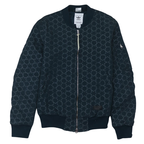 Adidas Dark Navy Bomber Jacket Women's Small All Over Star Pattern Zip Pockets Outerwear