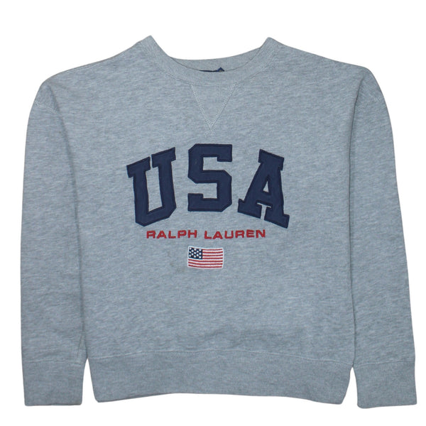 Polo Ralph Lauren Grey Sweatshirt Men's XSmall USA Flag Embroidered Logo Crewneck Pullover Top