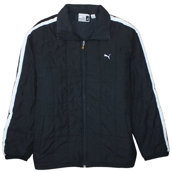 Puma Black Padded Jacket Men’s Medium White Stripe Sleeves Embroidered Logo Windbreaker Outerwear