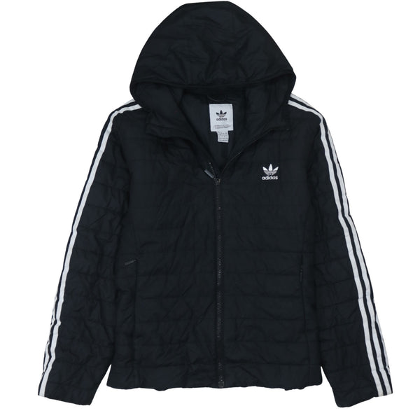 Adidas Black Hooded Puffer Jacket Women's Large Trefoil Logo Three Stripe Sleeves Outerwear