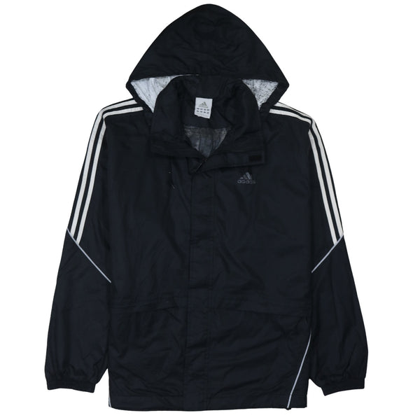 Adidas Black Hooded Windbreaker Men's Medium Three Stripe Sleeves Printed Logo Jacket