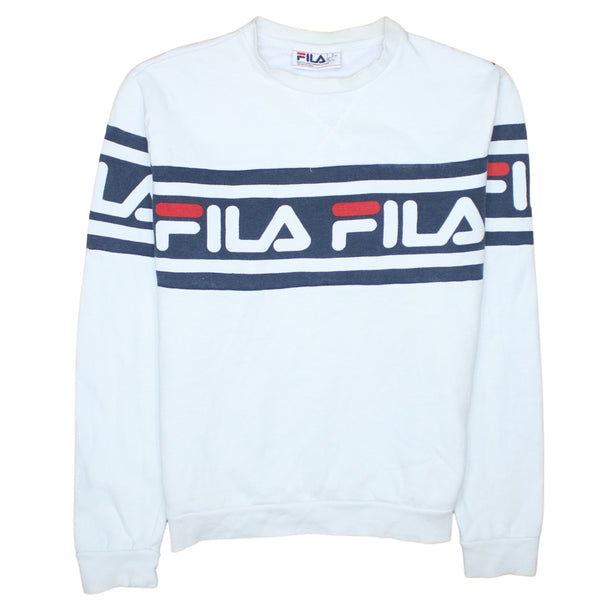 Fila White Sweatshirt Women's Large Printed Logo Stripe Crewneck Pullover Top